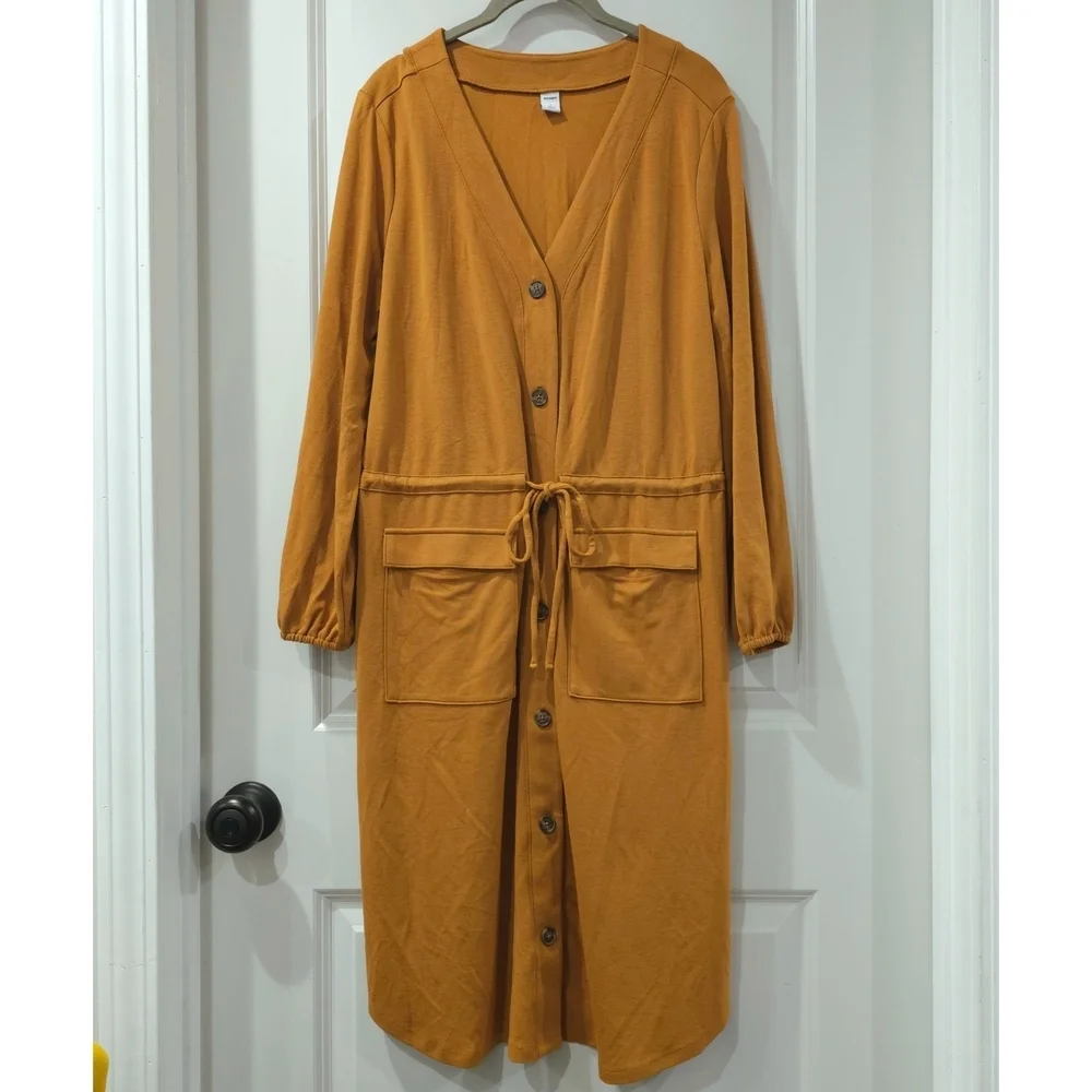 OLD NAVY Waist-Defined Ponte-Knit Utility Midi Dress, Goldie Fawn, Size Large